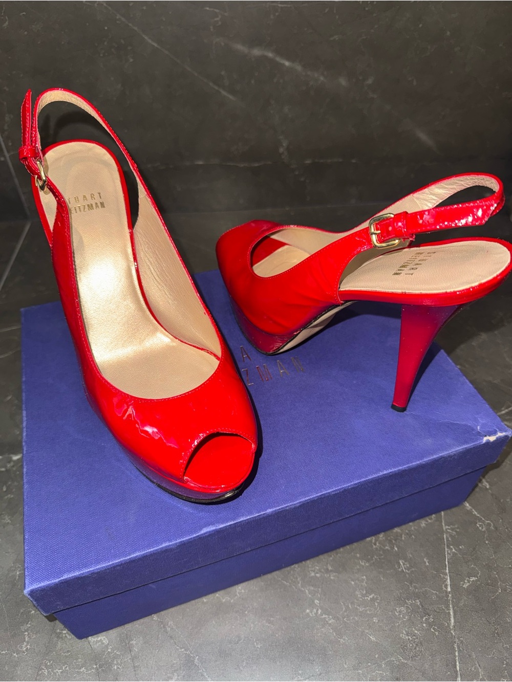 Stuart Weitzman Red Patent Leather Peep-Toe Slingback Pumps